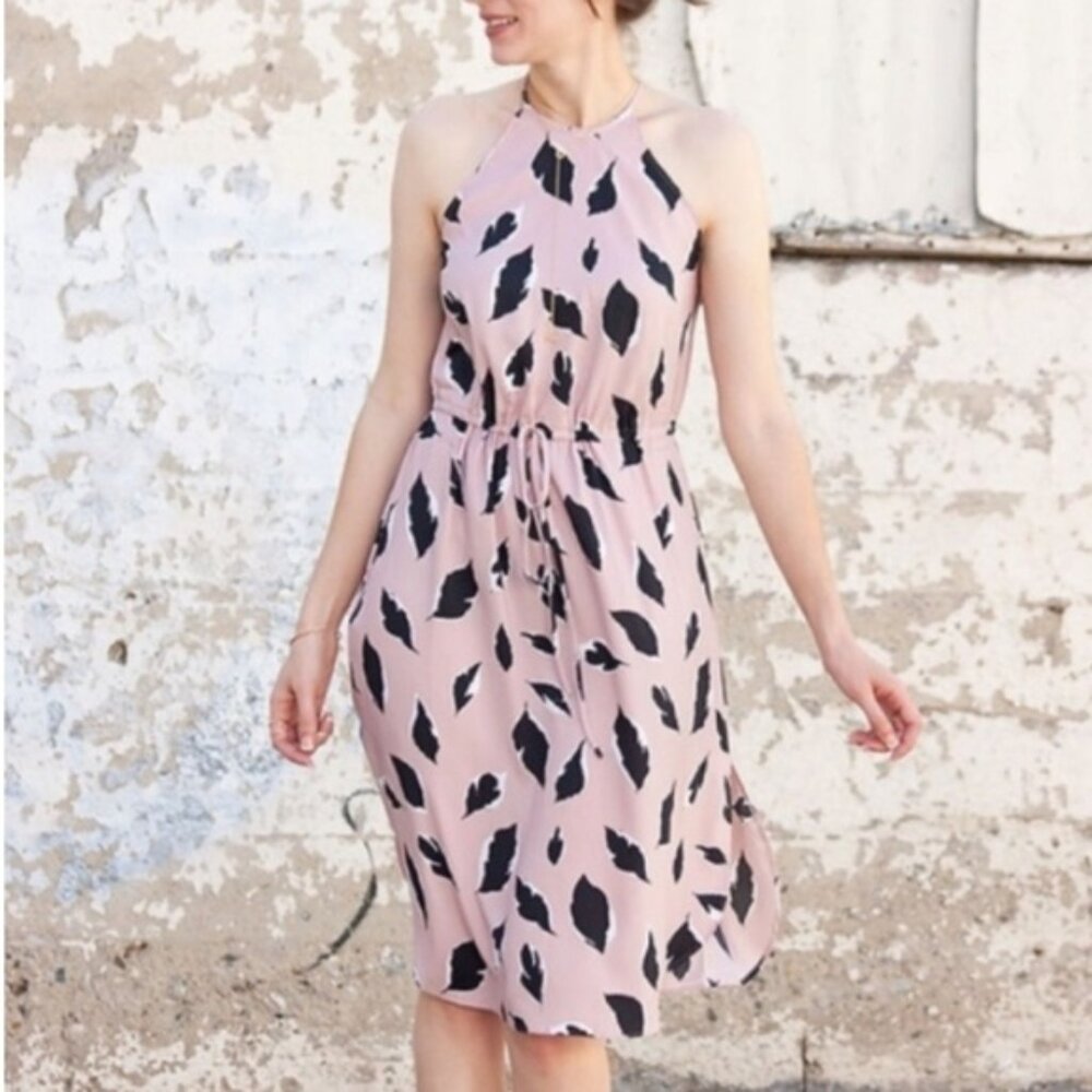 Size L LOFT Pink Feather Leaf cinch tie waist dress